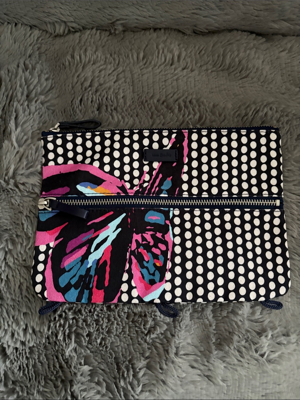 Vera Bradley Navy Blue White Polka Dot Clutch with Multicolor Butterfly